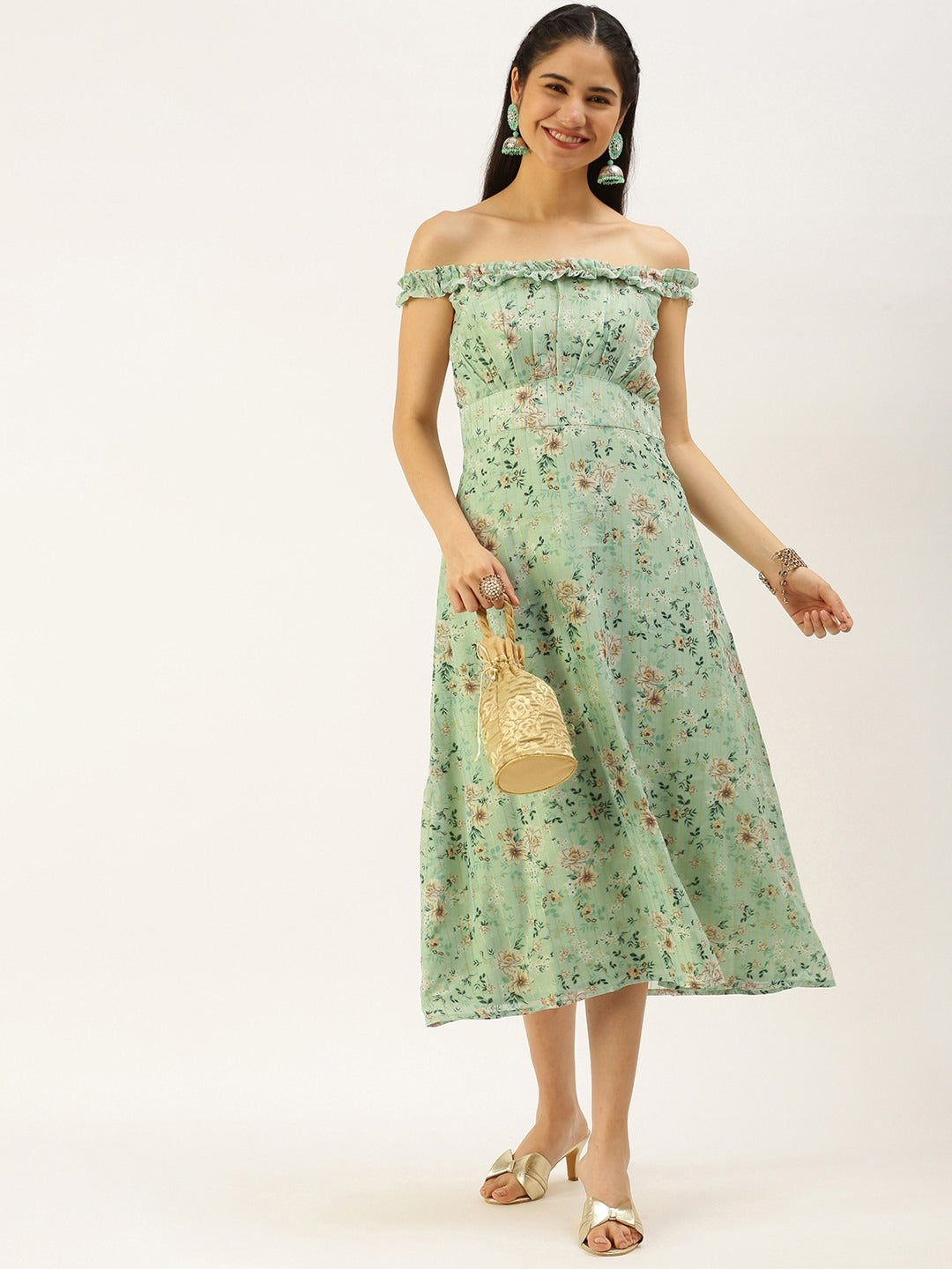 Bollywood Vogue Ready To Wear Green Muslin Off Shoulder Dress - Front View