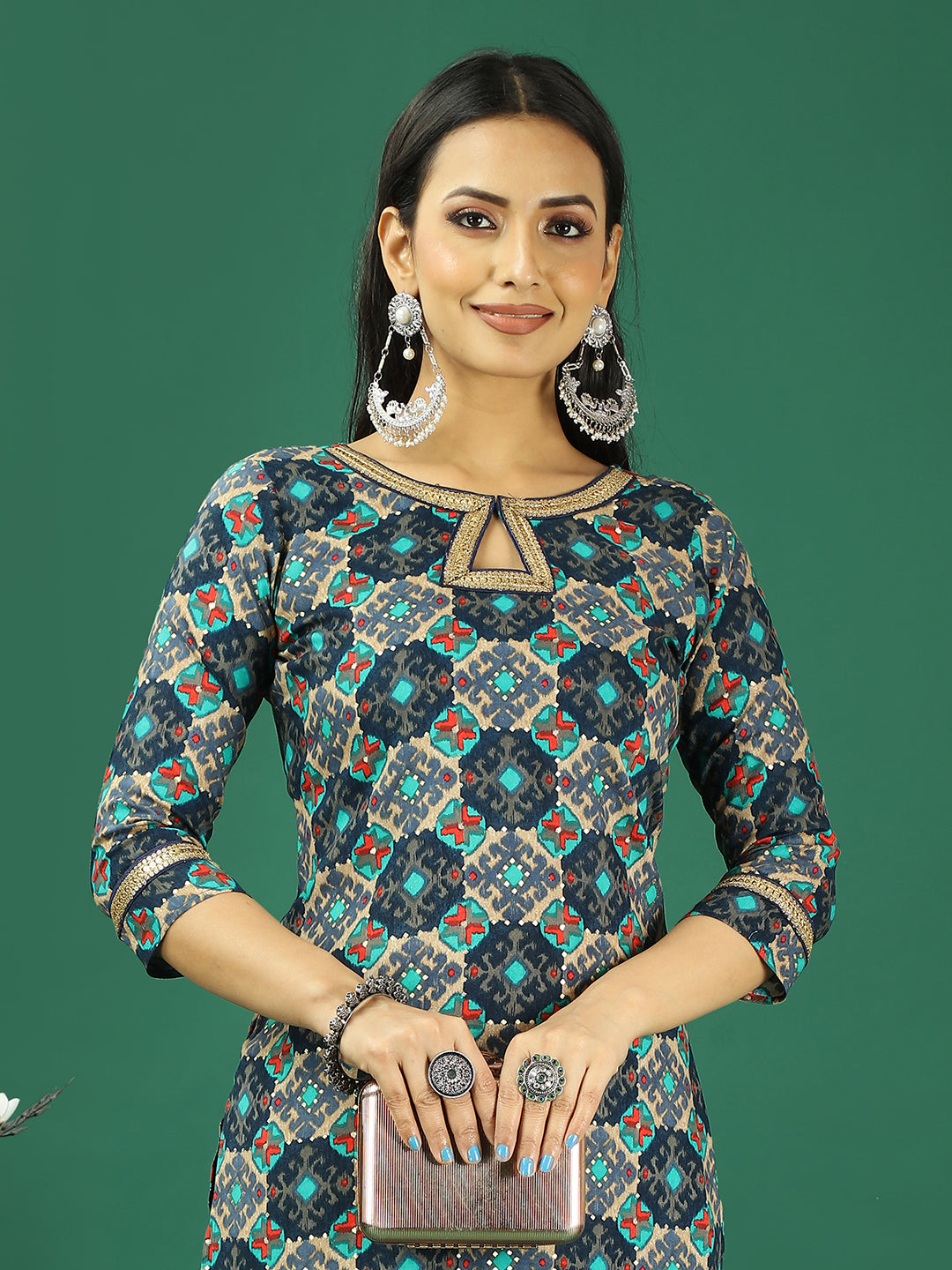 Bollywood Vogue Ready To Wear Multicolored Printed Viscose Kurta Set - Detail View