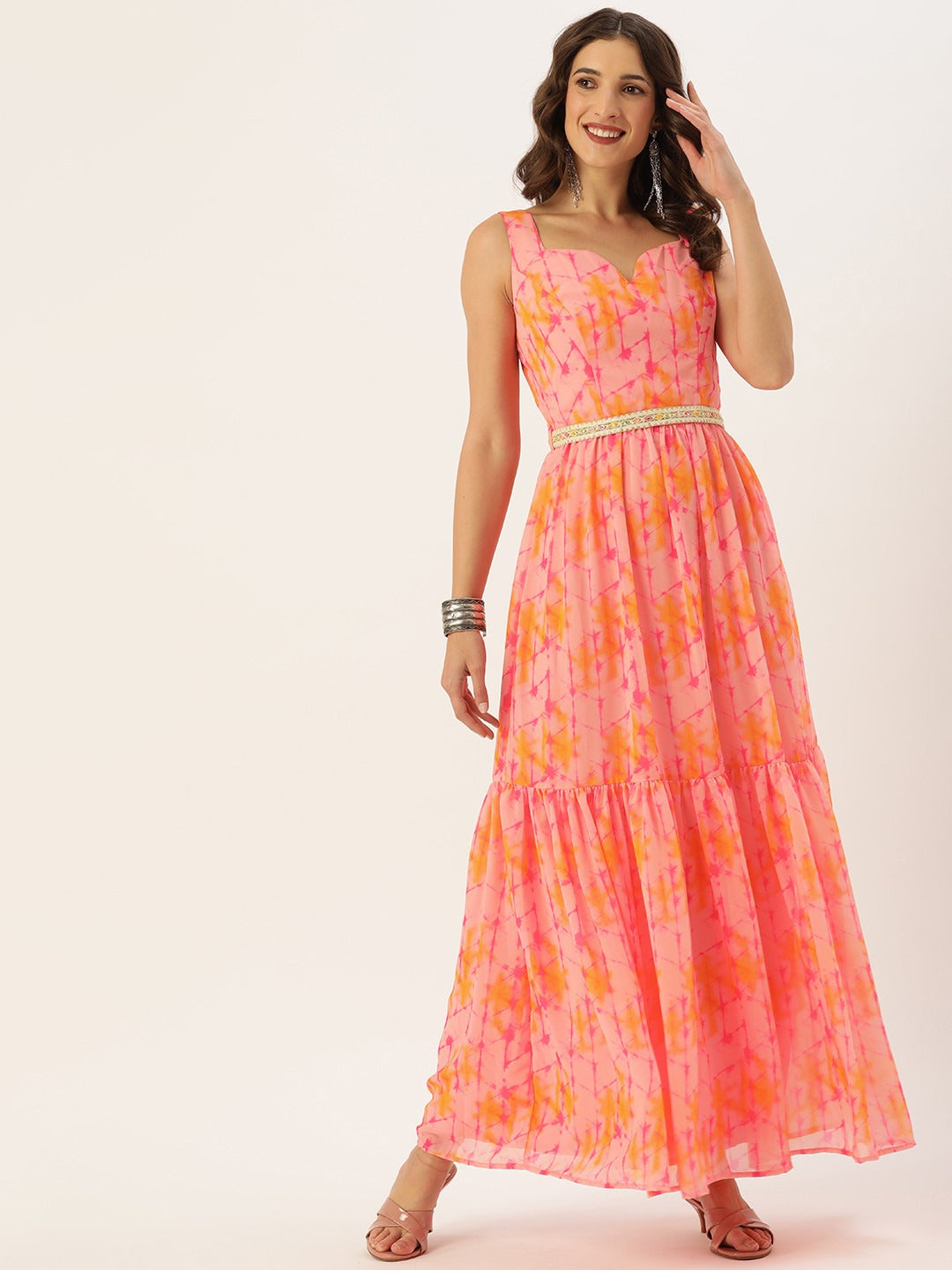 Bollywood Vogue Ready To Wear Multicolored Digital Printed Tiered Dress - Front View