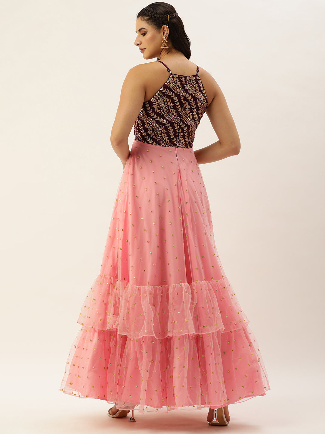 Bollywood Vogue Ready To Wear Pink N Wine Chinon Embroidered Gown - Back View