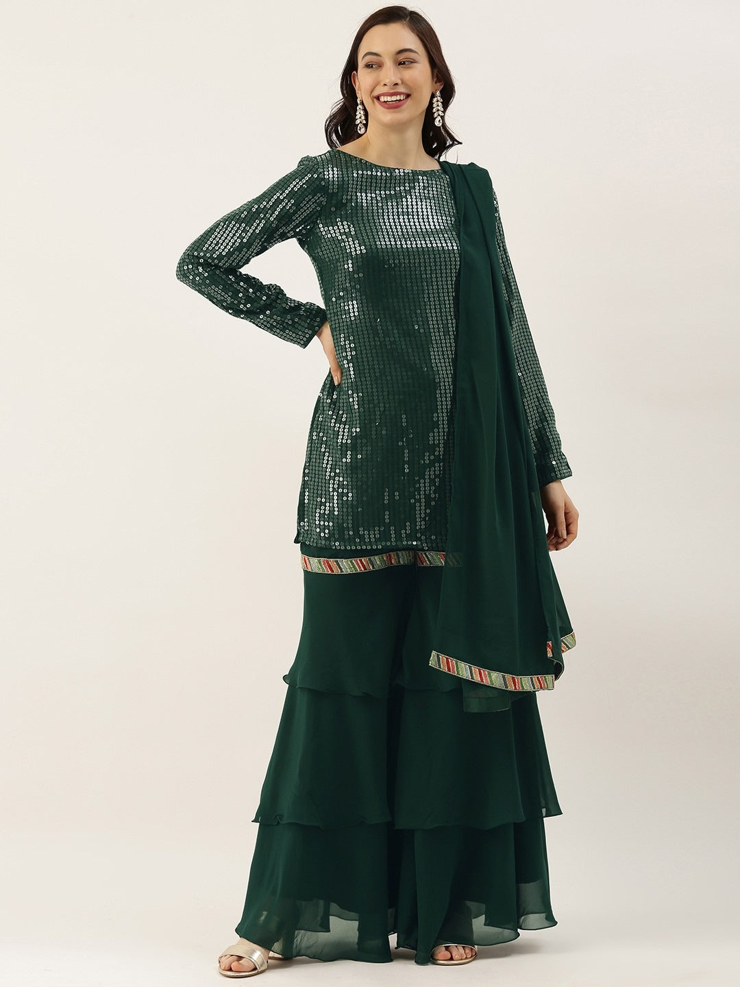 Bollywood Vogue Ready To Wear Green Georgette Embroidered Layered Gharara Suit - Front View