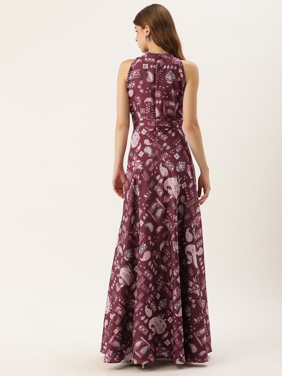 Bollywood Vogue Ready To Wear Maroon Digital Printed Kota Silk Gown - Back View