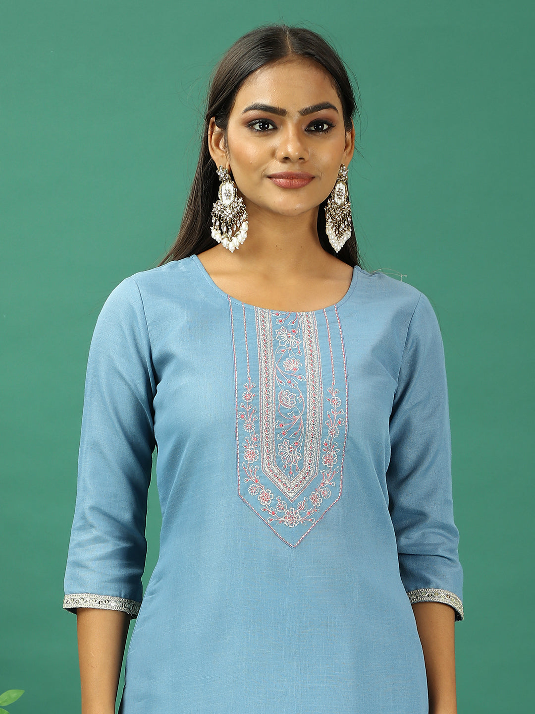 Bollywood Vogue Ready To Wear Blue Rayon Embroidered Narrow Straight Pant Suit - Detail View