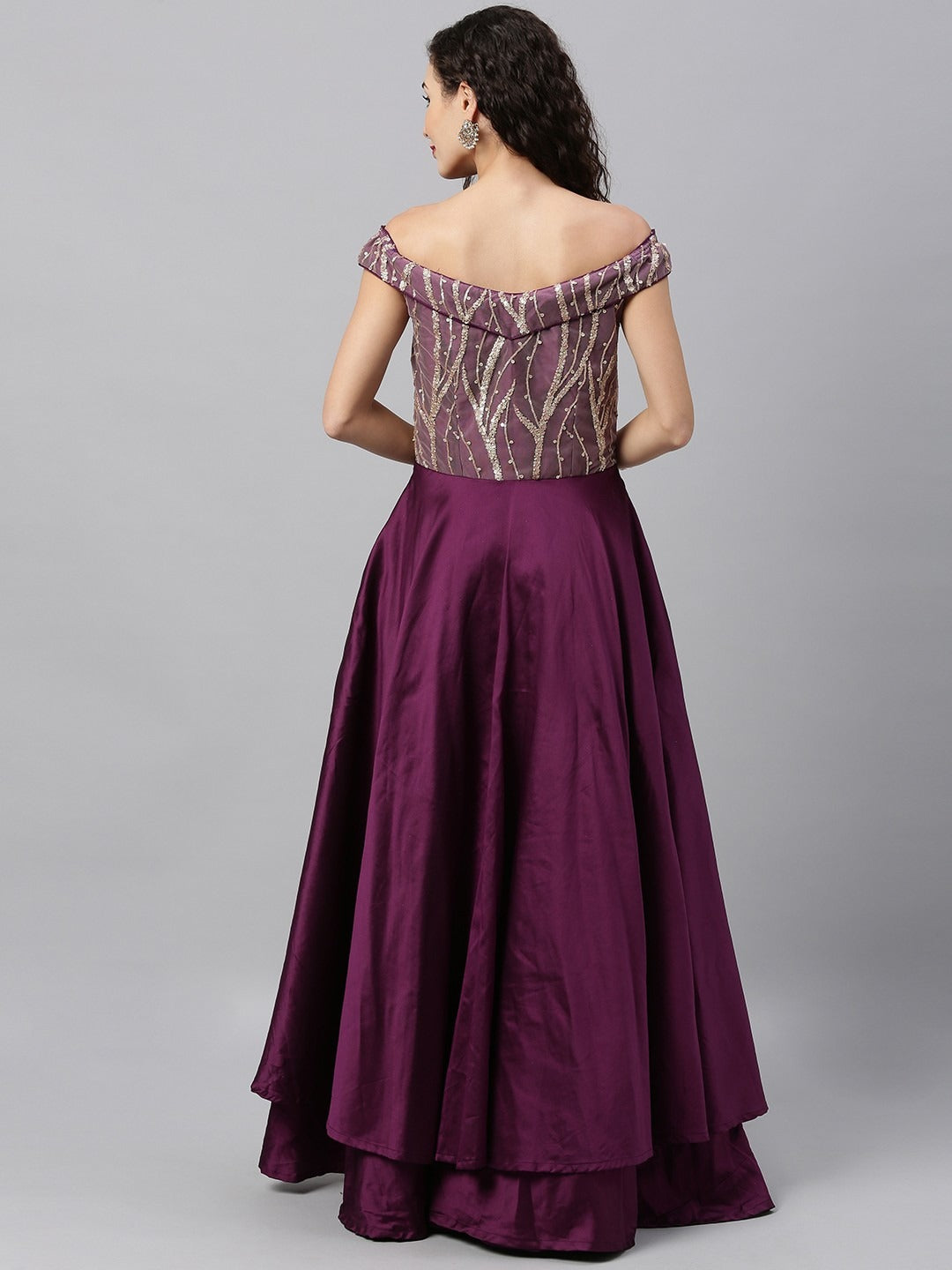 Bollywood Vogue Ready To Wear Dark Purple N Pink Embroidered Off Shoulder Gown - Back View