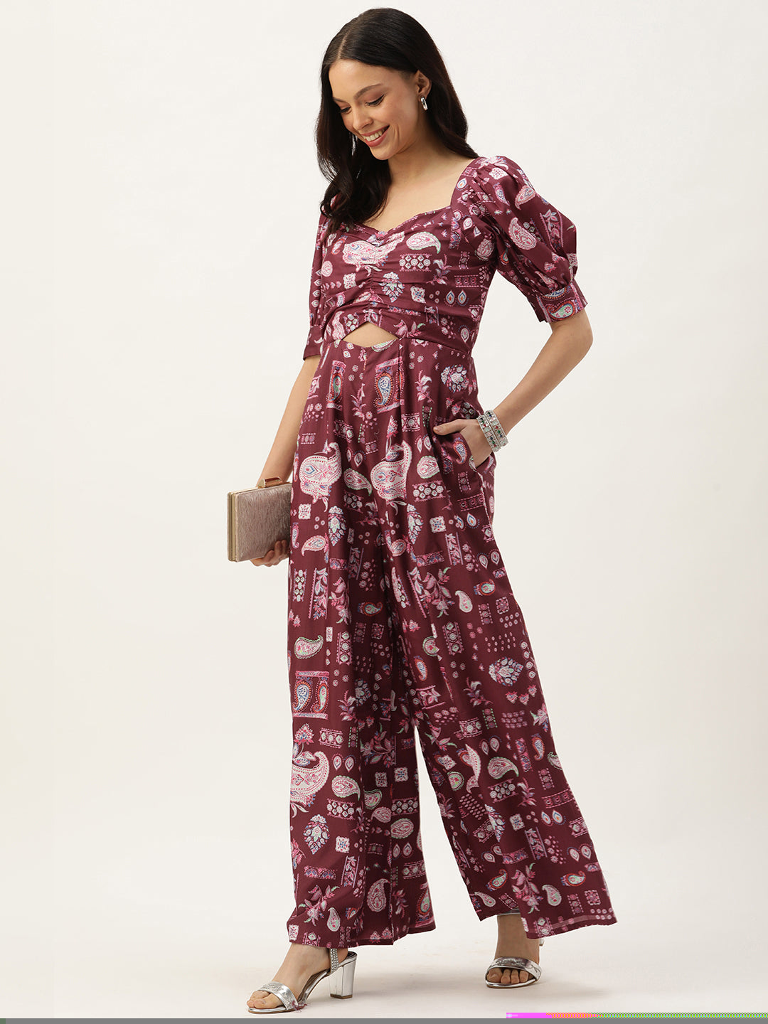 Bollywood Vogue Ready To Wear Maroon Digital Printed Kota Silk Jumpsuits - Detail View