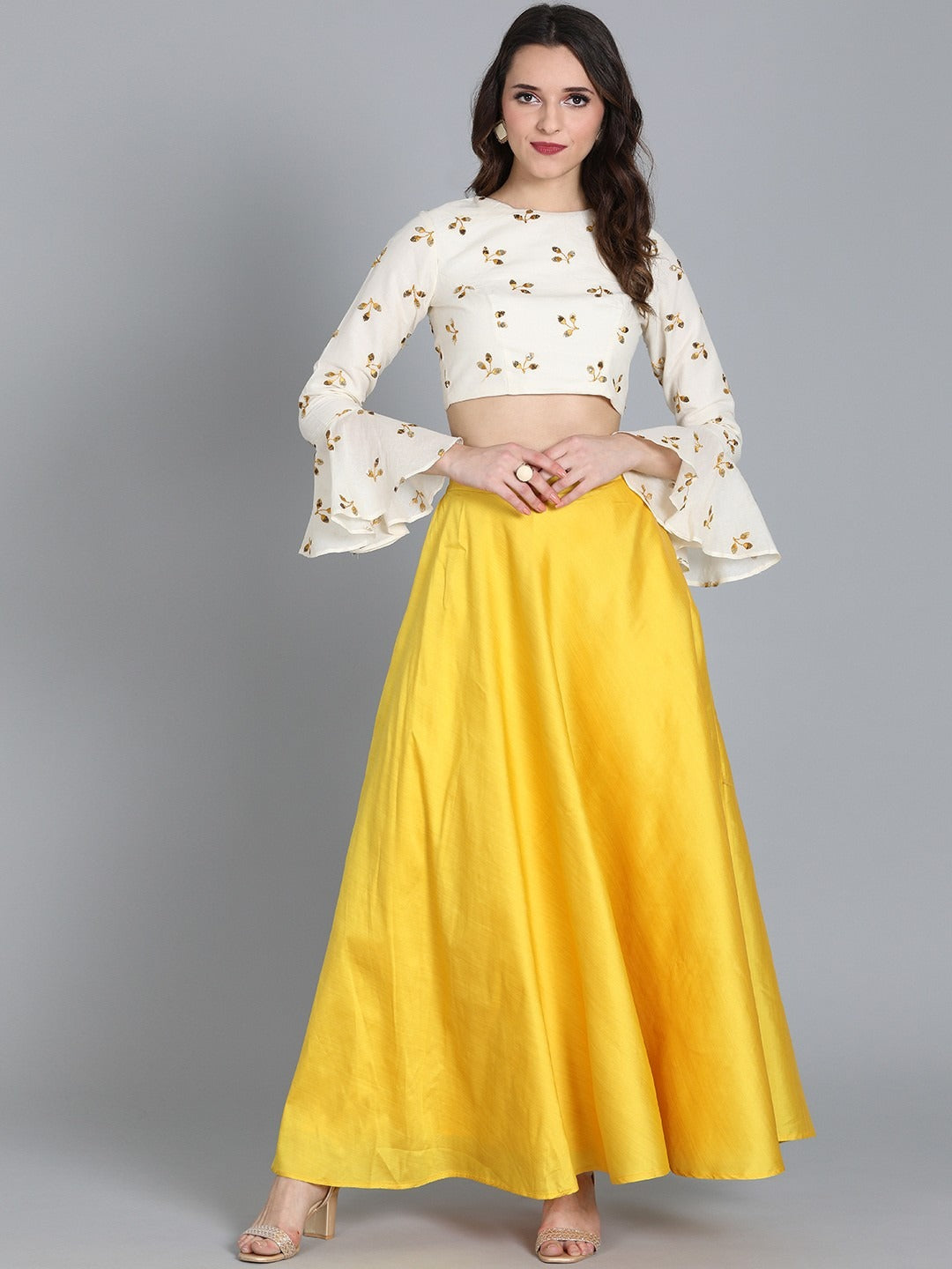 Bollywood Vogue Ready To Wear Off White Embroidered Crop Top N Skirt - Front View