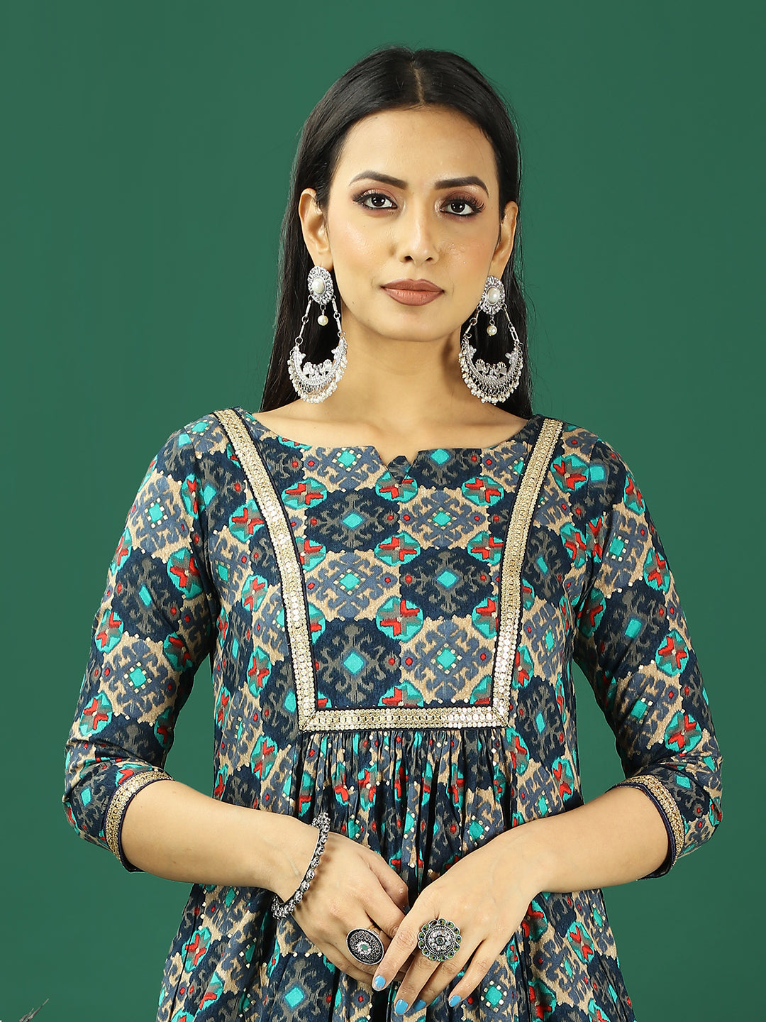 Bollywood Vogue Ready To Wear Blue Printed Viscose Kurta Straight Pant Set - Side View