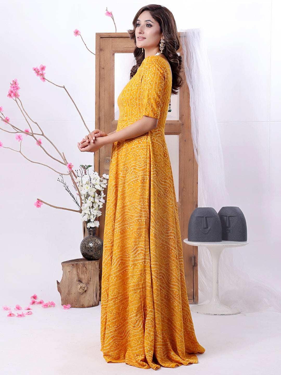 Bollywood Vogue Ready To Wear Yellow Viscose Printed Dress - Side View