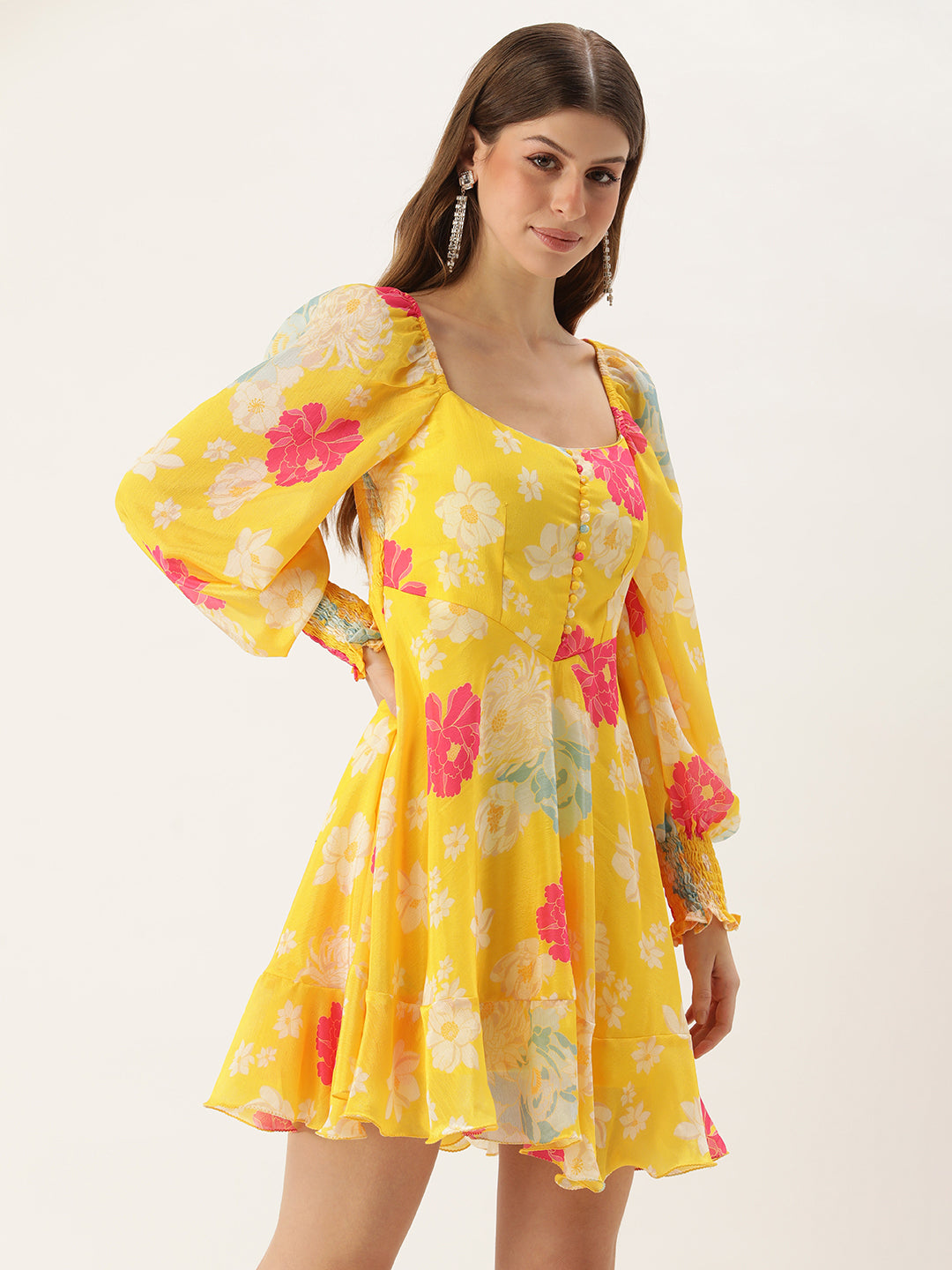 Bollywood Vogue Ready To Wear Yellow Digital Printed Chinon Smocking Dress - Side View