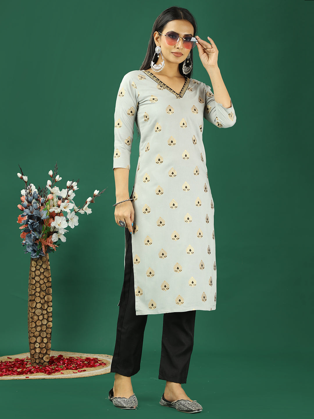 Bollywood Vogue Ready To Wear Grey Rayon Foil Printed Kurta Set - Front View