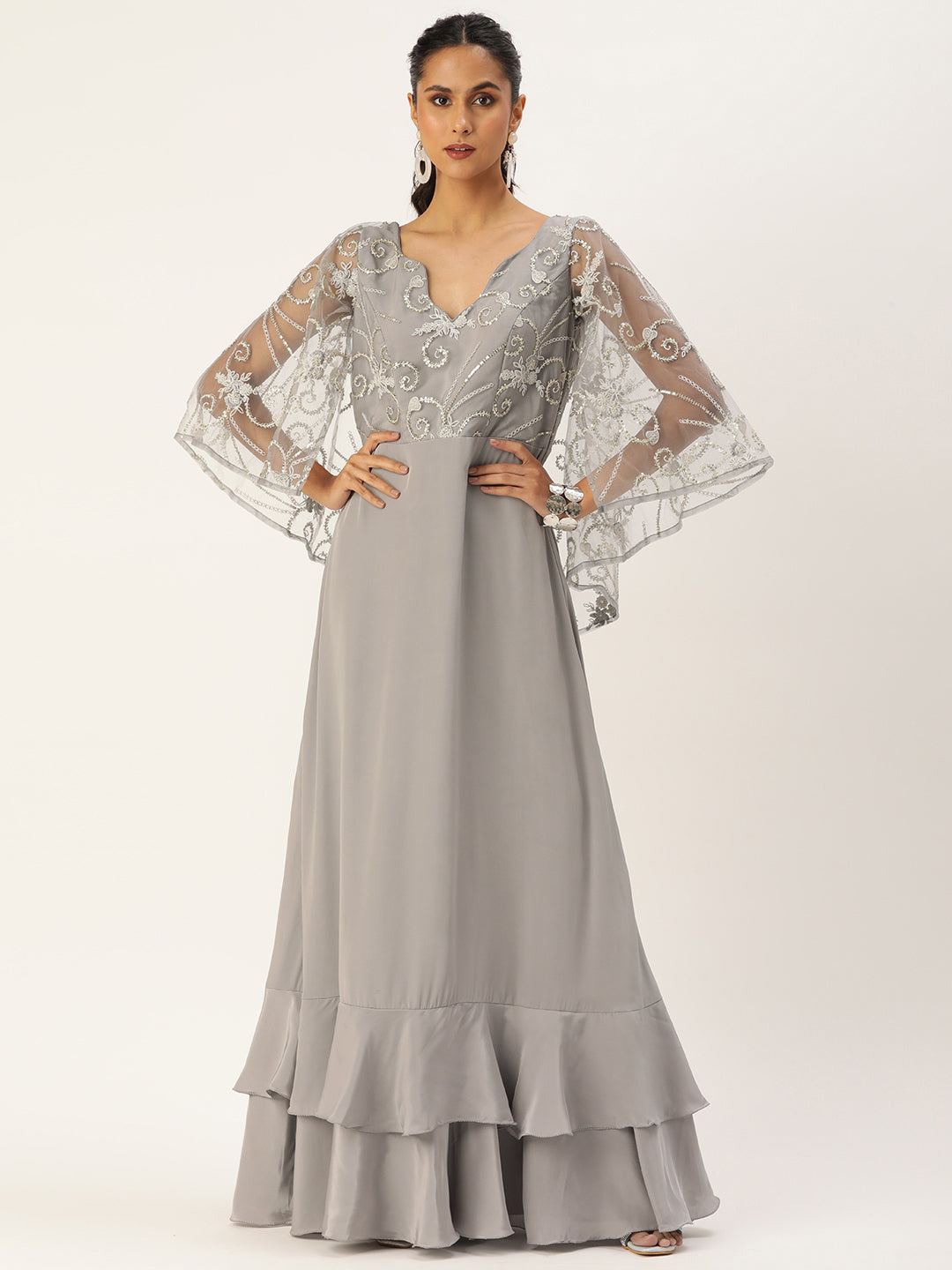 Bollywood Vogue Ready To Wear Grey Net Embroidered N French Crepe Gown - Front View