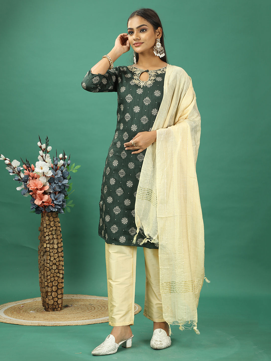 Bollywood Vogue Ready To Wear Gold Art Silk Embroidered Straight Pant Suit - Additional View 2