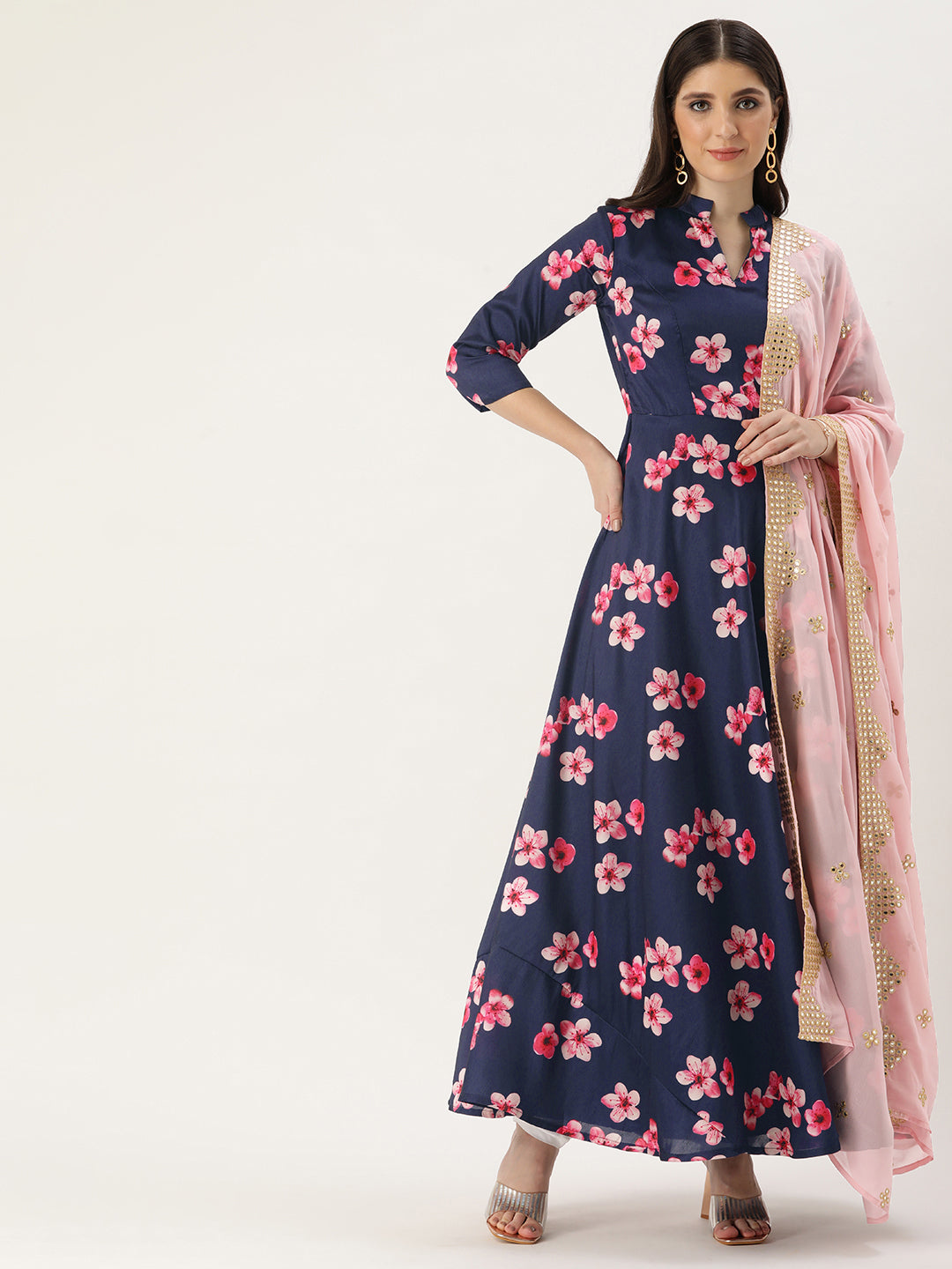 Bollywood Vogue Ready To Wear Blue Printed N Mauve Georgette Anarkali Suit - Front View