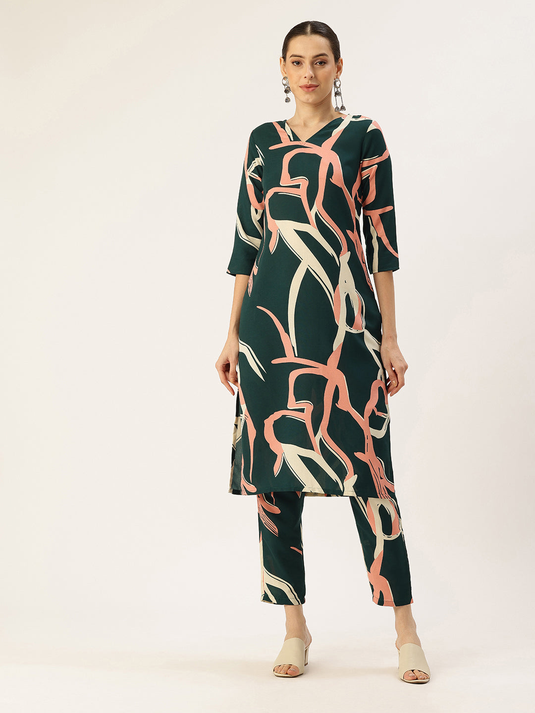 Bollywood Vogue Ready To Wear Green Rayon Printed Kurta Set - Front View