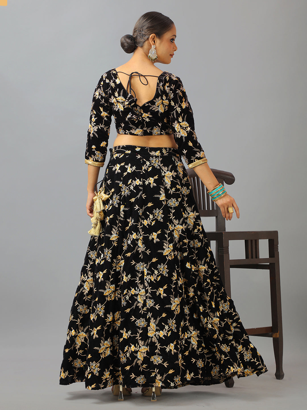 Bollywood Vogue Ready To Wear Black Velvet Embroidered Lehenga Set - Look Shot