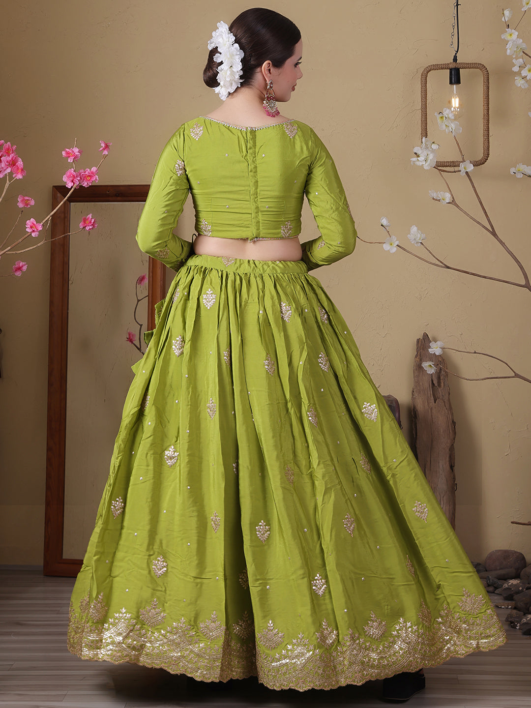 Bollywood Vogue Ready To Wear Pink Organza N Green Viscose Embroidered Lehenga - Detail View