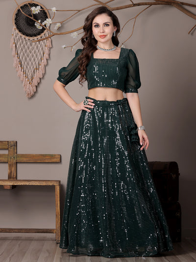 Bollywood Vogue Ready To Wear Green Georgette Embroidered Lehenga - Additional View 1