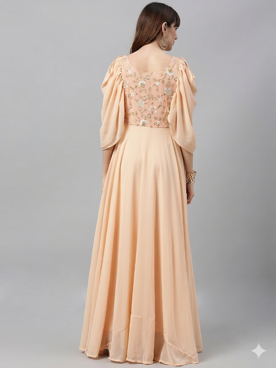 Bollywood Vogue Ready To Wear Peach Embroidered Round Neck Gown - Back View