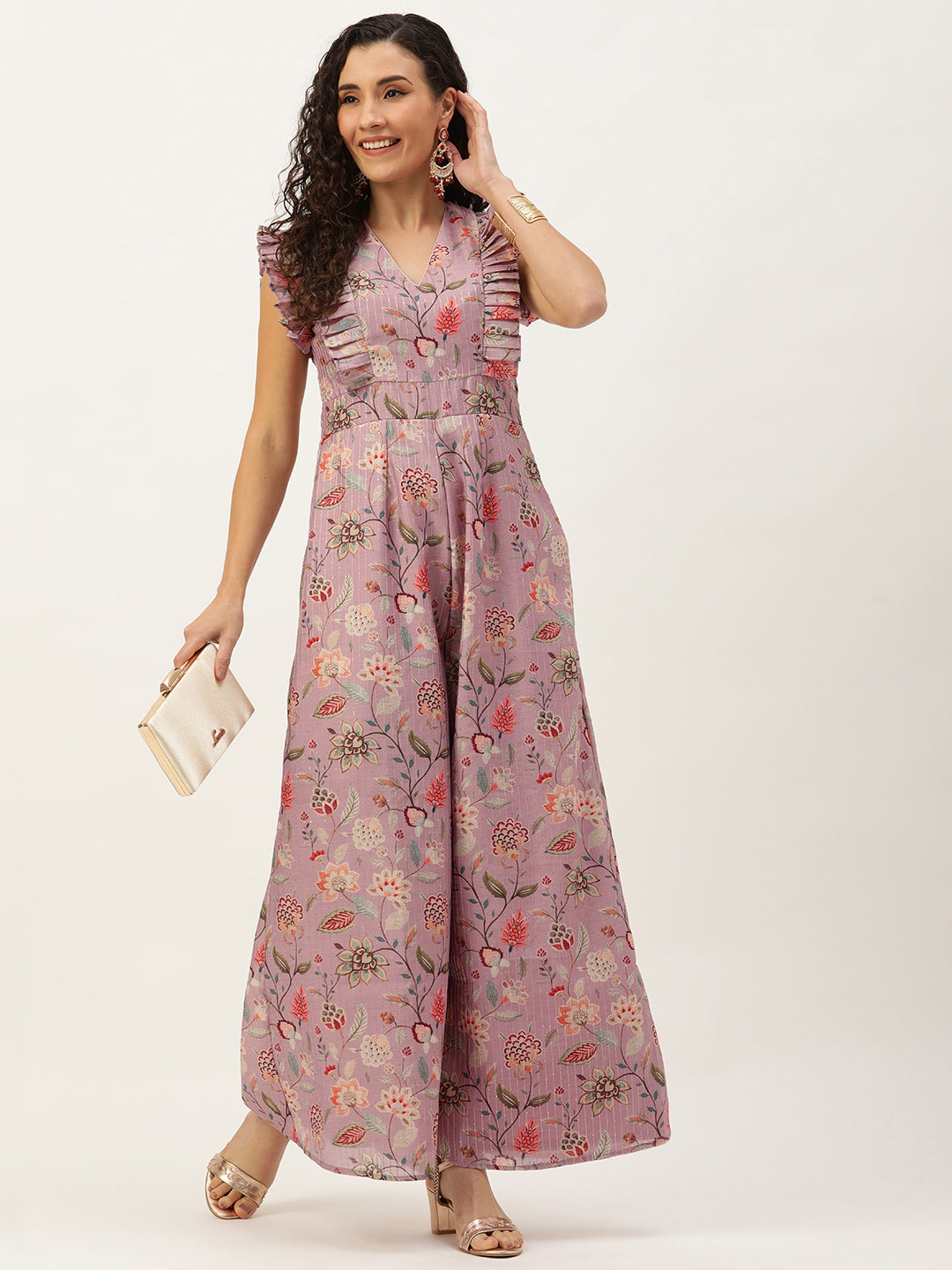 Bollywood Vogue Ready To Wear Mauve Digital Printed Art Silk Jumpsuits - Front View