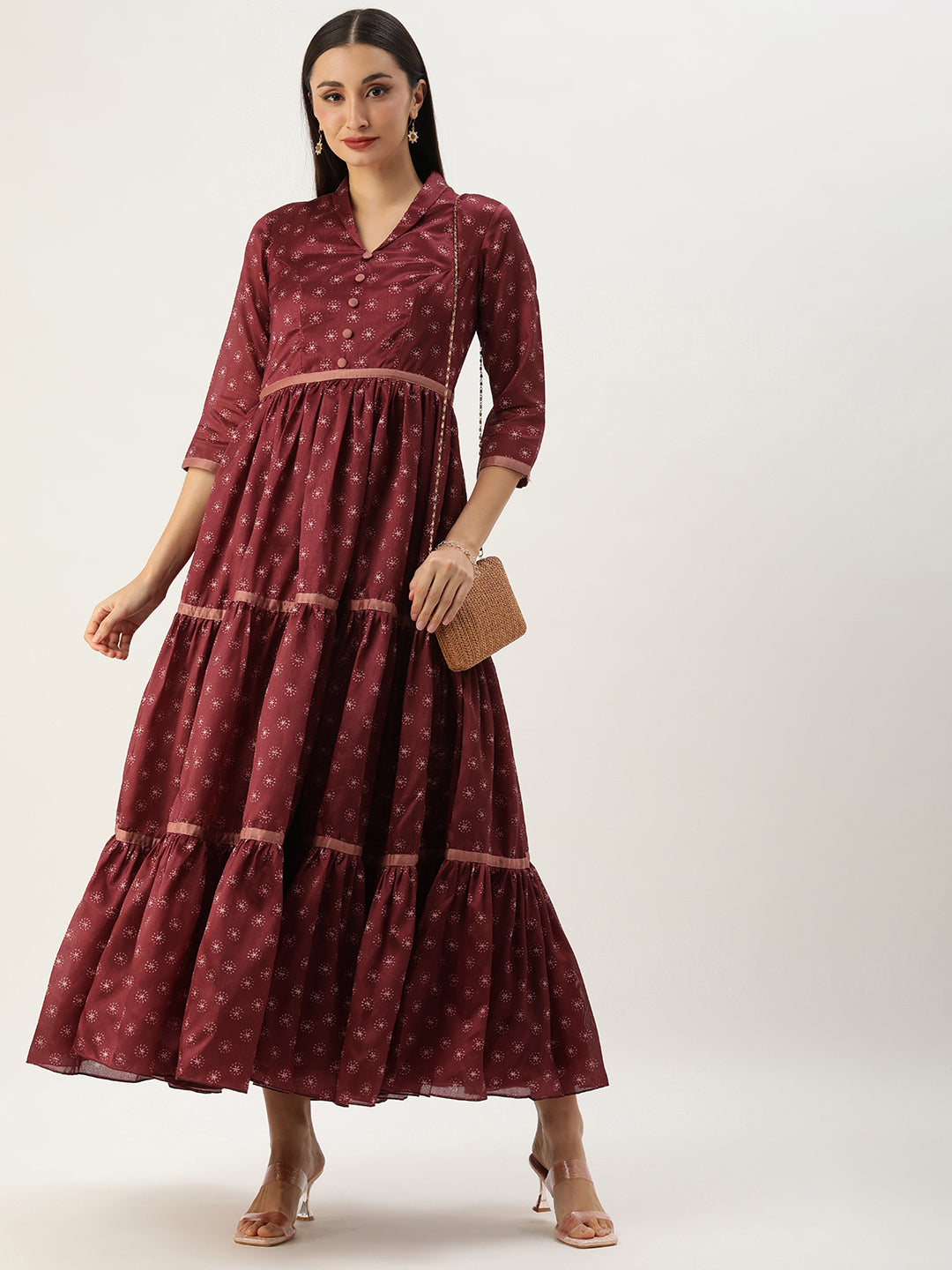 Bollywood Vogue Ready To Wear Maroon Art Silk Printed Tiered Gathered Style Gown - Front View