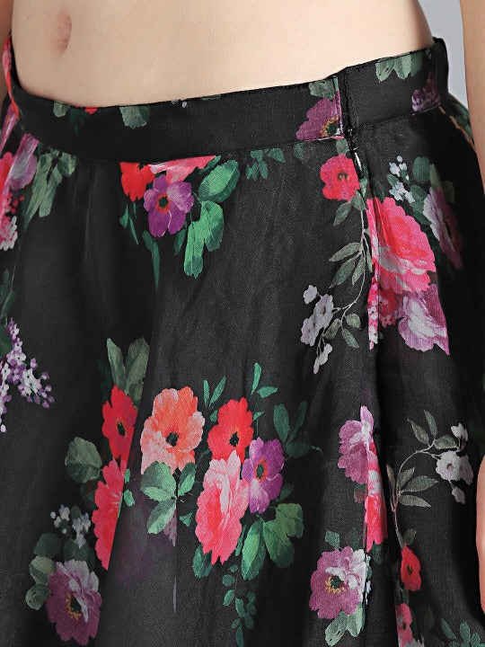 Bollywood Vogue Ready To Wear Plunge Black Printed Organza Lehenga - Detail View