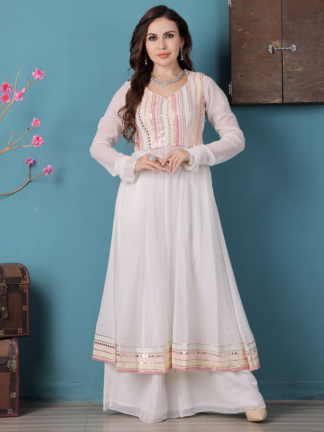 Bollywood Vogue Ready To Wear Off White Georgette Embroidered Anrakali Suit - Additional View 2