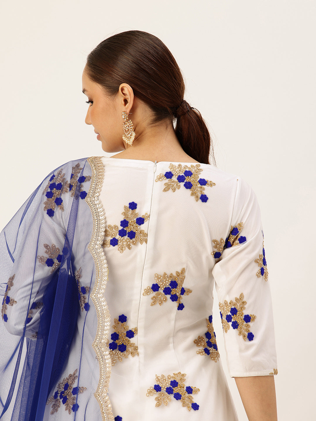 Bollywood Vogue Ready To Wear White Embroidered Net Wide Leg Pant Suit - Look Shot