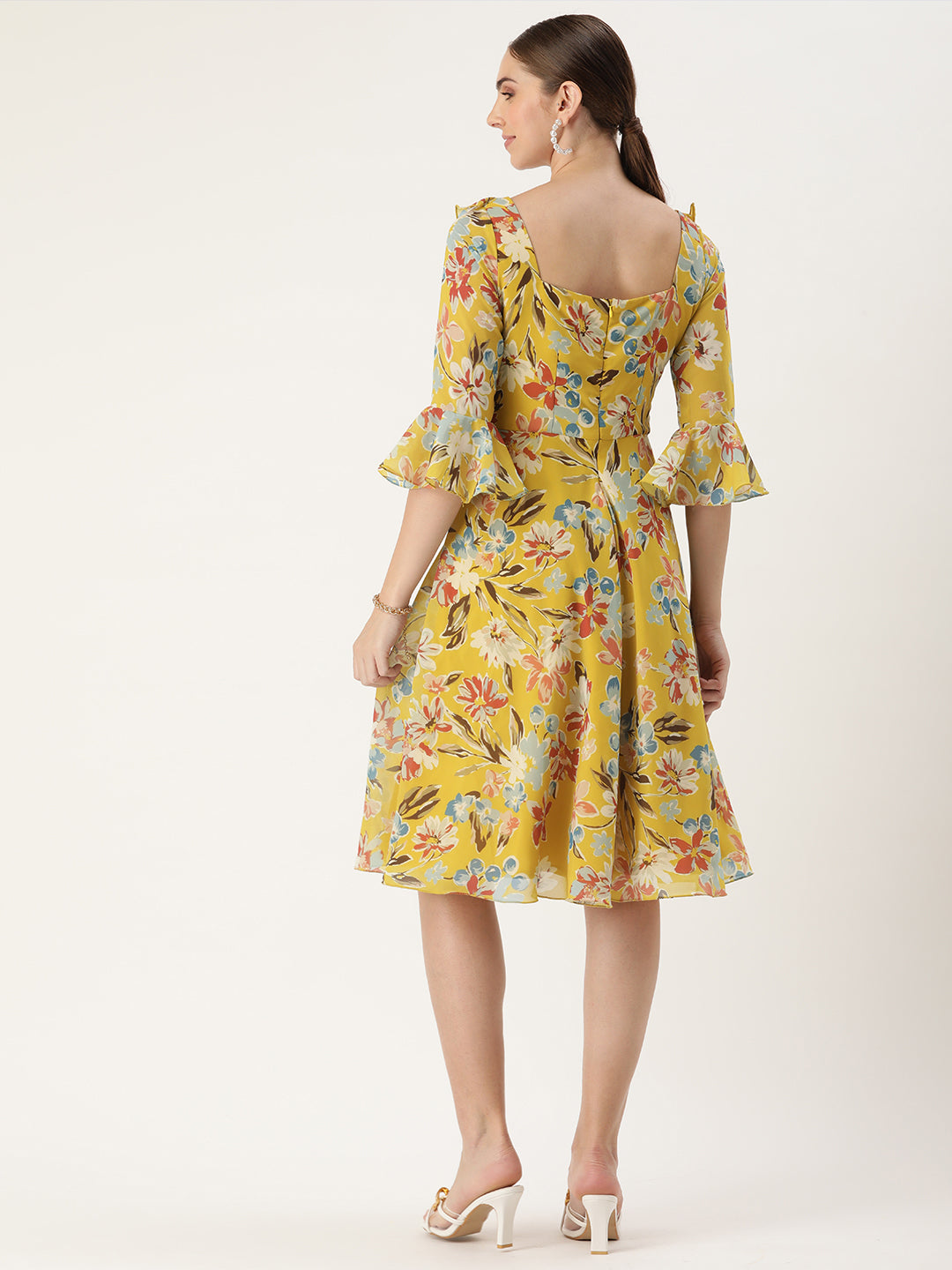 Bollywood Vogue Ready To Wear Yellow Georgette Printed Dress - Back View