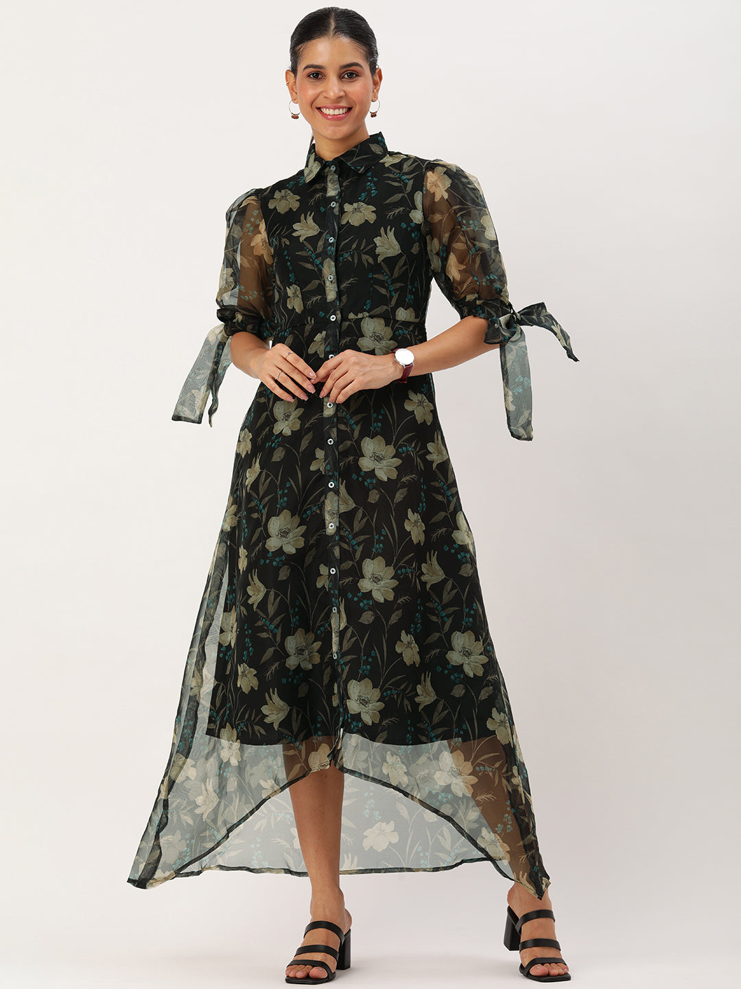 Bollywood Vogue Ready To Wear Black Organza Digital Printed Dress - Front View