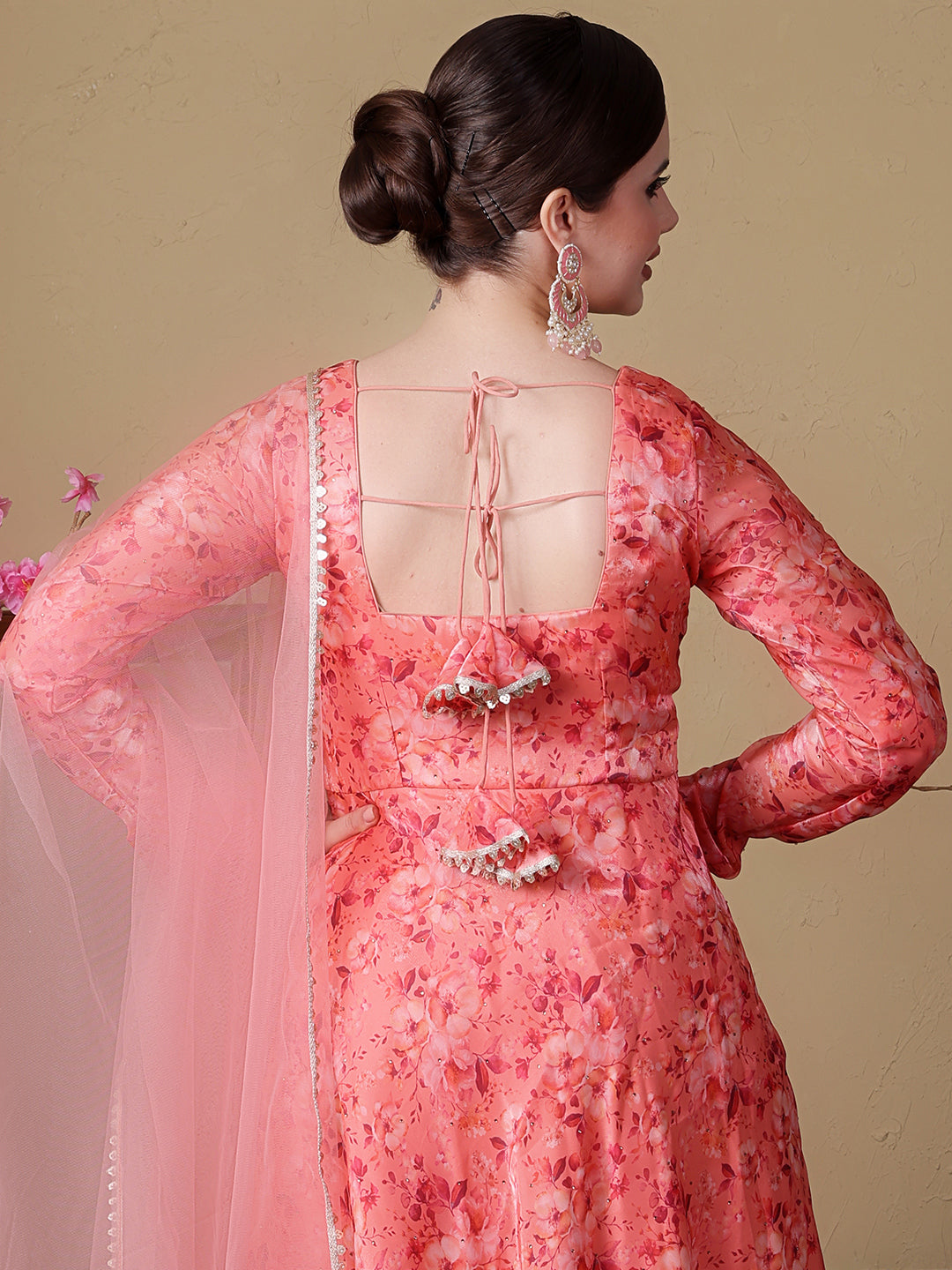 Bollywood Vogue Ready To Wear Peach Organza Satin Printed Anarkali Suit - Additional View 1
