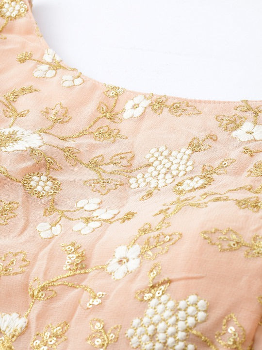 Bollywood Vogue Ready To Wear Peach Embroidered Round Neck Gown - Detail View