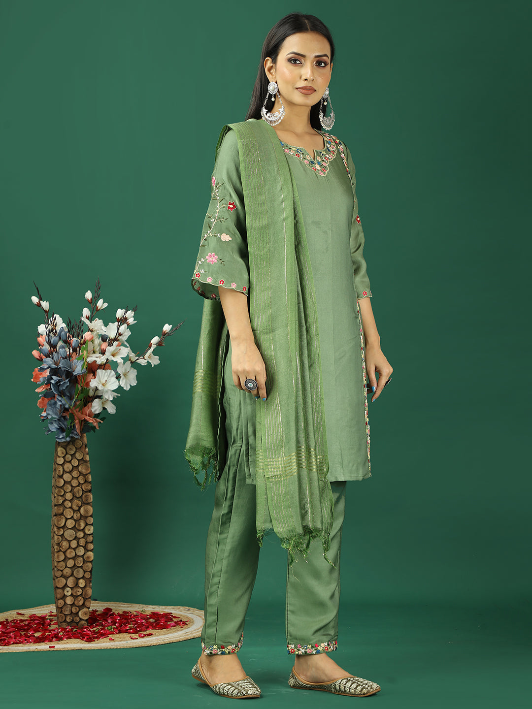 Bollywood Vogue Ready To Wear Green Art Silk Embroidered Straight Pant Suit - Side View