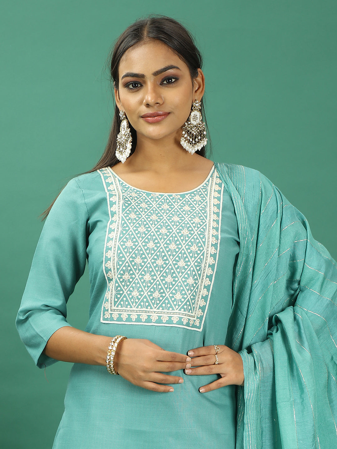 Bollywood Vogue Ready To Wear Green Rayon Embroidered Palazzo Suit - Detail View