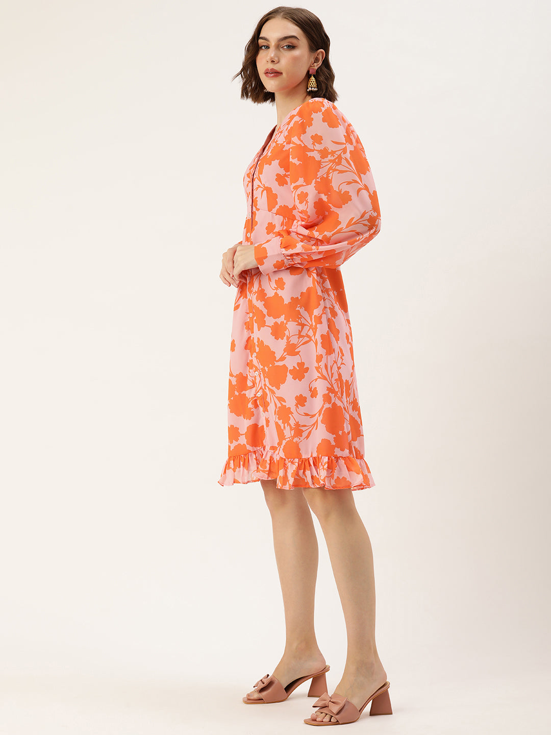 Bollywood Vogue Ready To Wear Pink N Orange Printed Georgette Dress - Side View