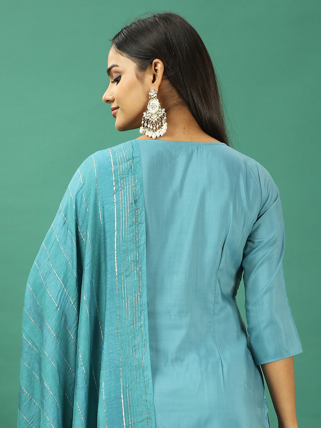 Bollywood Vogue Ready To Wear Turquoise Blue Silk Narrow Straight Pant Suit - Look Shot