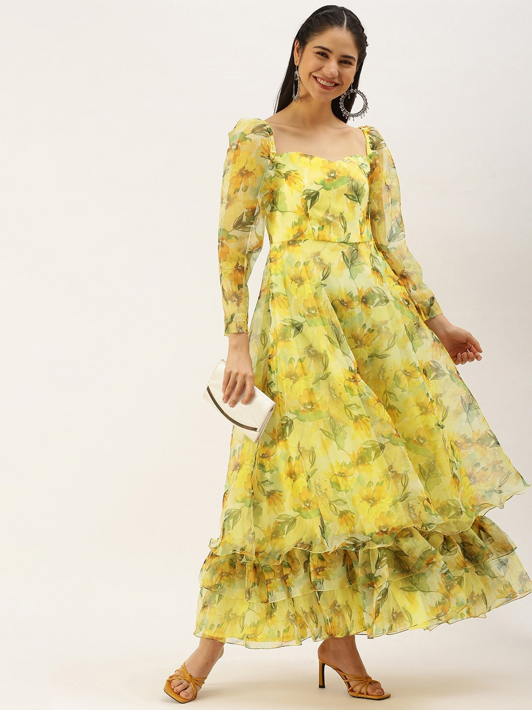 Bollywood Vogue Ready To Wear Yellow Printed organza Maxi Dress - Detail View