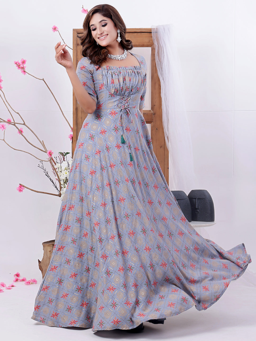 Bollywood Vogue Ready To Wear Blue Foil Print Floor Length Gown - Front View