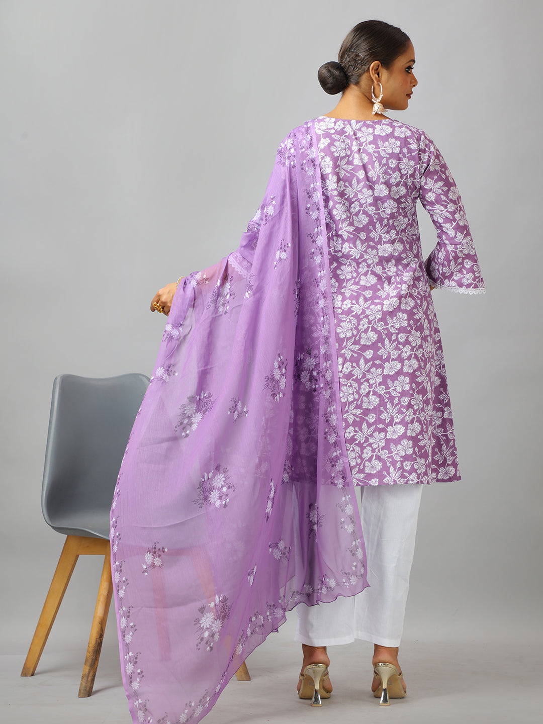 Bollywood Vogue Ready To Wear Lavender Art Silk Cotton Kurta Straight Pant Suit - Back View