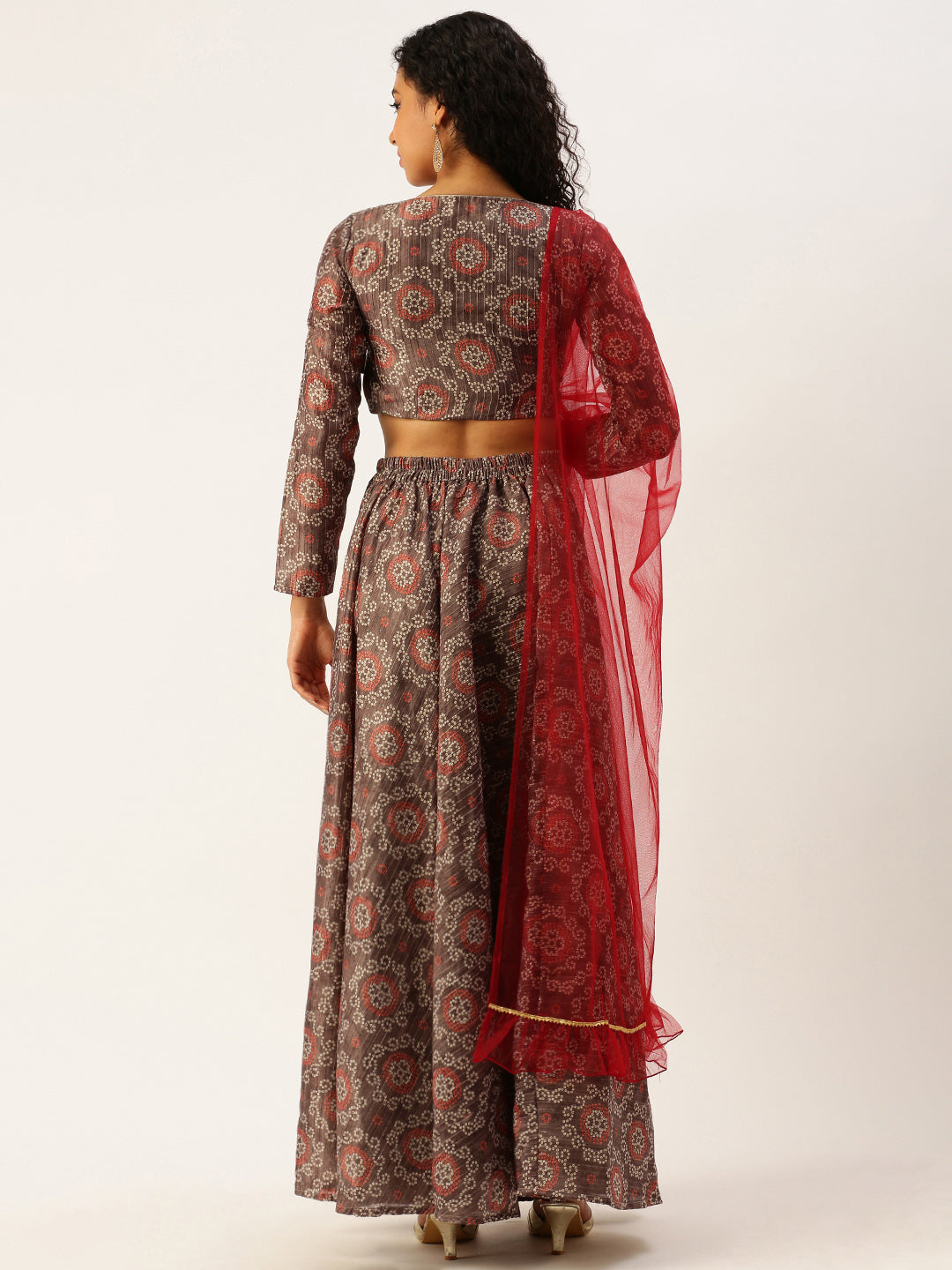Bollywood Vogue Ready To Wear Grey Digital Print Art Silk Lehenga Set - Back View