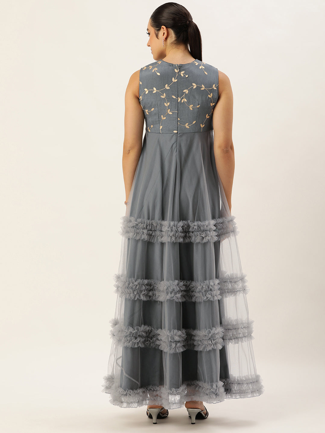 Bollywood Vogue Ready To Wear Grey Embroidered Chinon N Net Gown - Look Shot