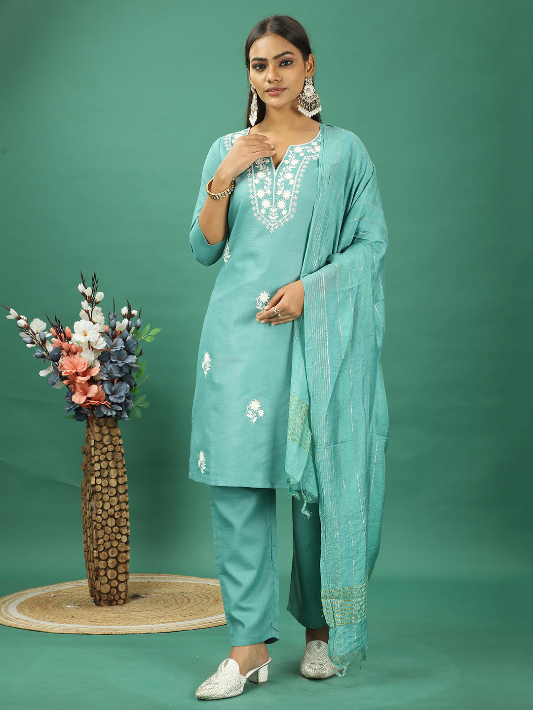 Bollywood Vogue Ready To Wear Green Rayon Embroidered Straight Pant Suit - Front View