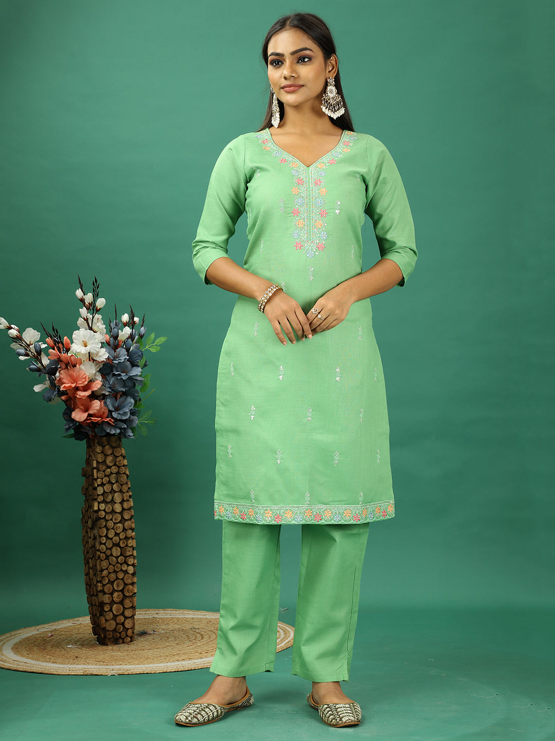 Bollywood Vogue Ready To Wear Green Rayon Embroidered Straight Pant Suit - Side View