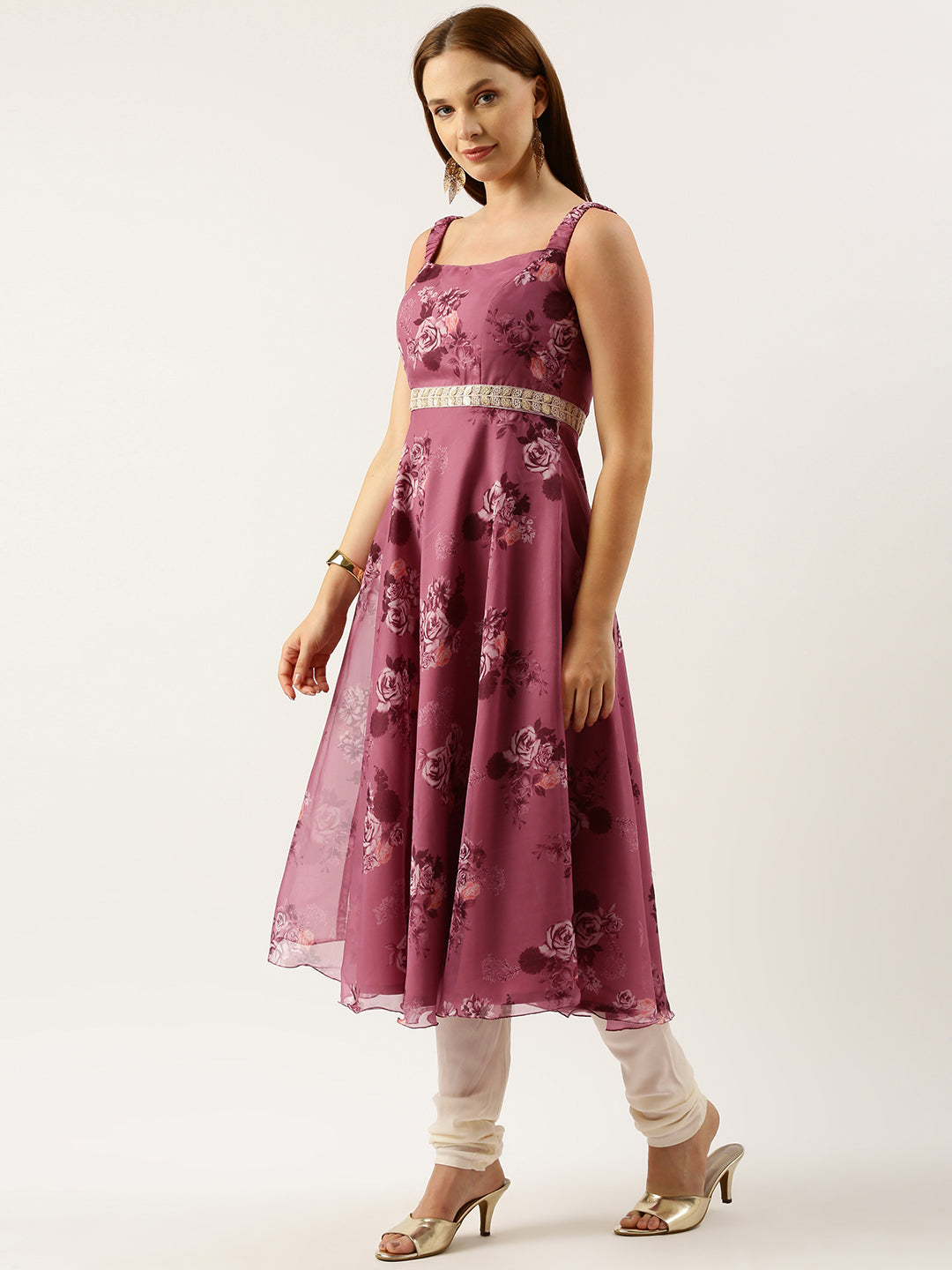 Bollywood Vogue Ready To Wear Mauve Digital Printed Organza Suit Set - Side View