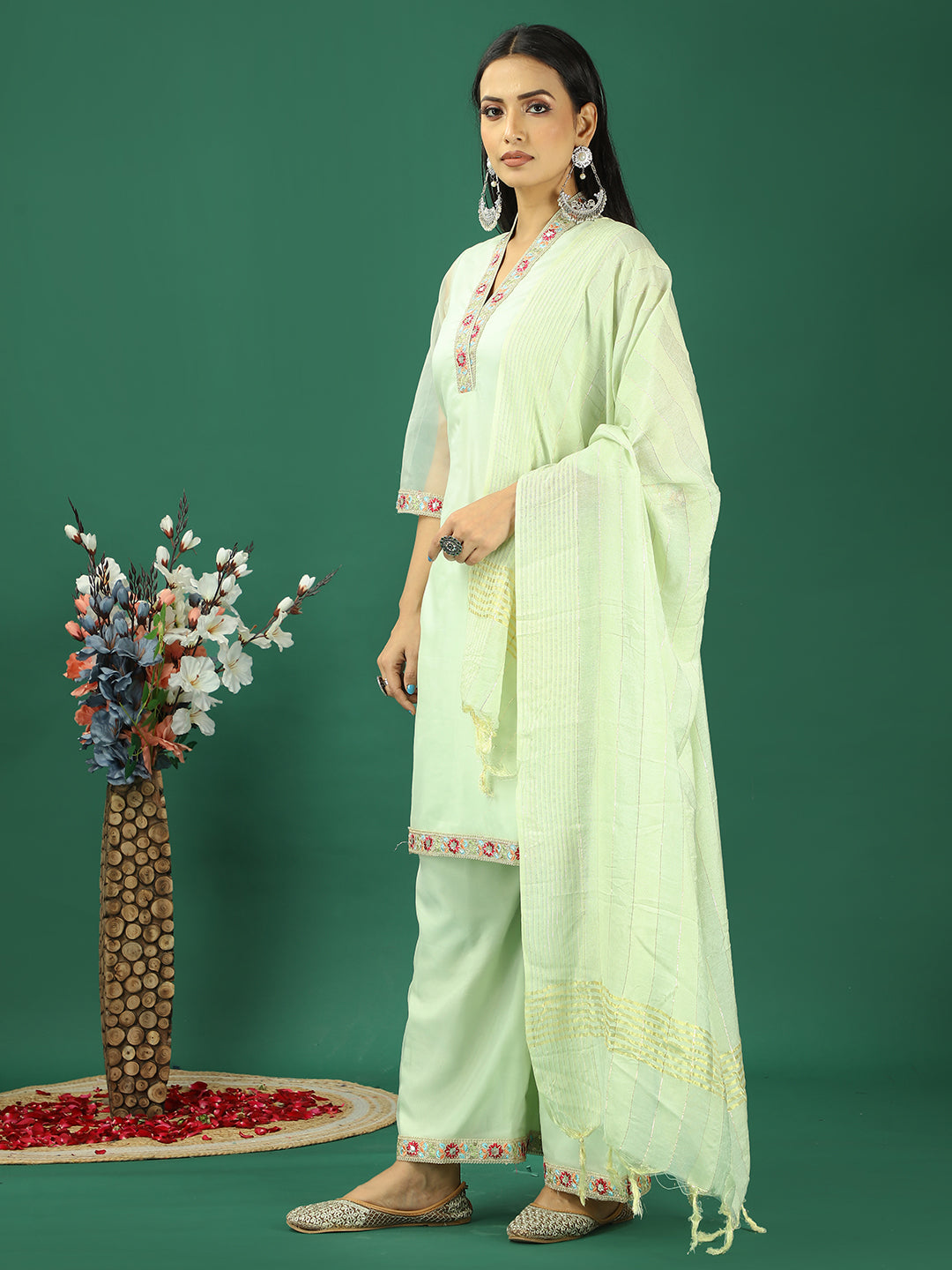 Bollywood Vogue Ready To Wear Mint Green Organza Wide Leg Pant Suit - Side View