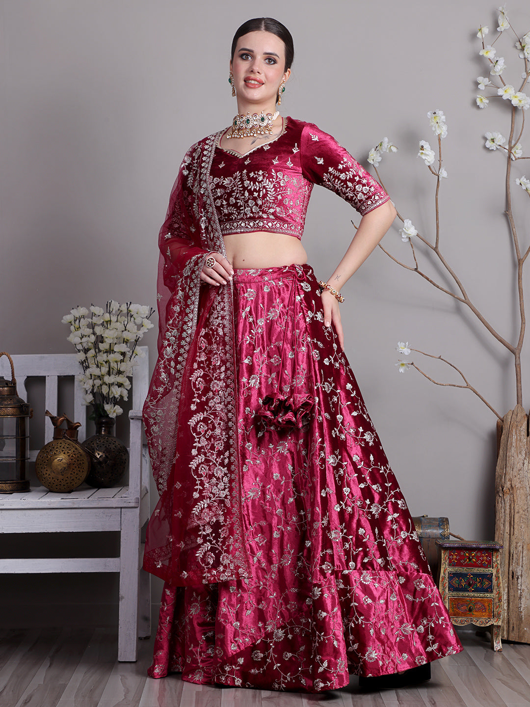 Bollywood Vogue Ready To Wear Classic Blouse With Pink Velvet Embroidered Lehenga - Side View