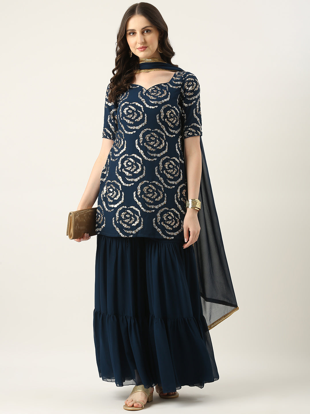 Bollywood Vogue Ready To Wear Navy Blue Georgette Embroidered Gharara Suit - Detail View