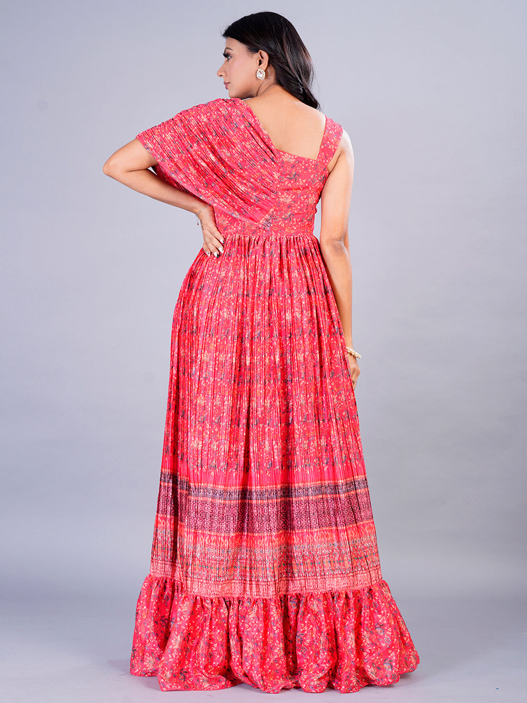 Bollywood Vogue Ready To Wear Red Chinon Digital Printed N Pleated Gown - Back View