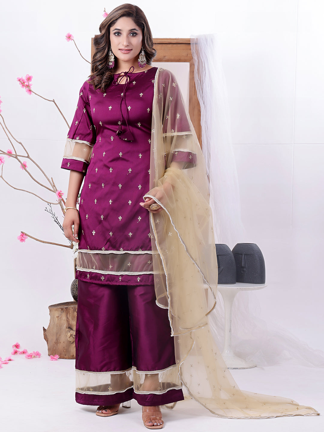 Bollywood Vogue Ready To Wear Wine Art Silk Embroidered Palazzo Suit - Front View