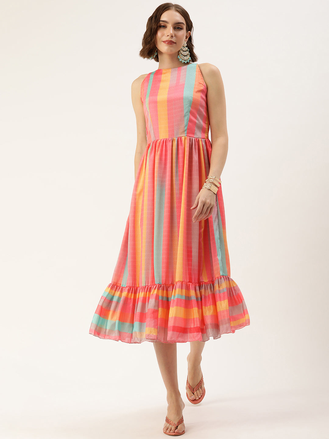 Bollywood Vogue Ready To Wear Multicolor Print  Chinon Dress - Front View