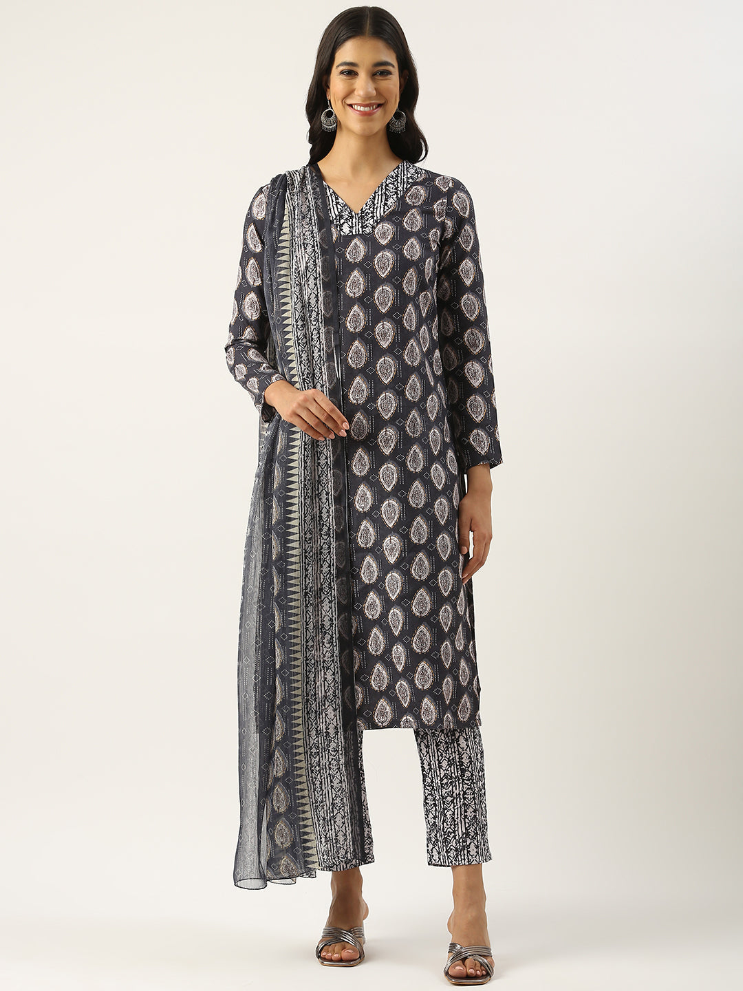 Bollywood Vogue Ready To Wear Black Semi Cotton Printed Straight Pant Suit - Front View